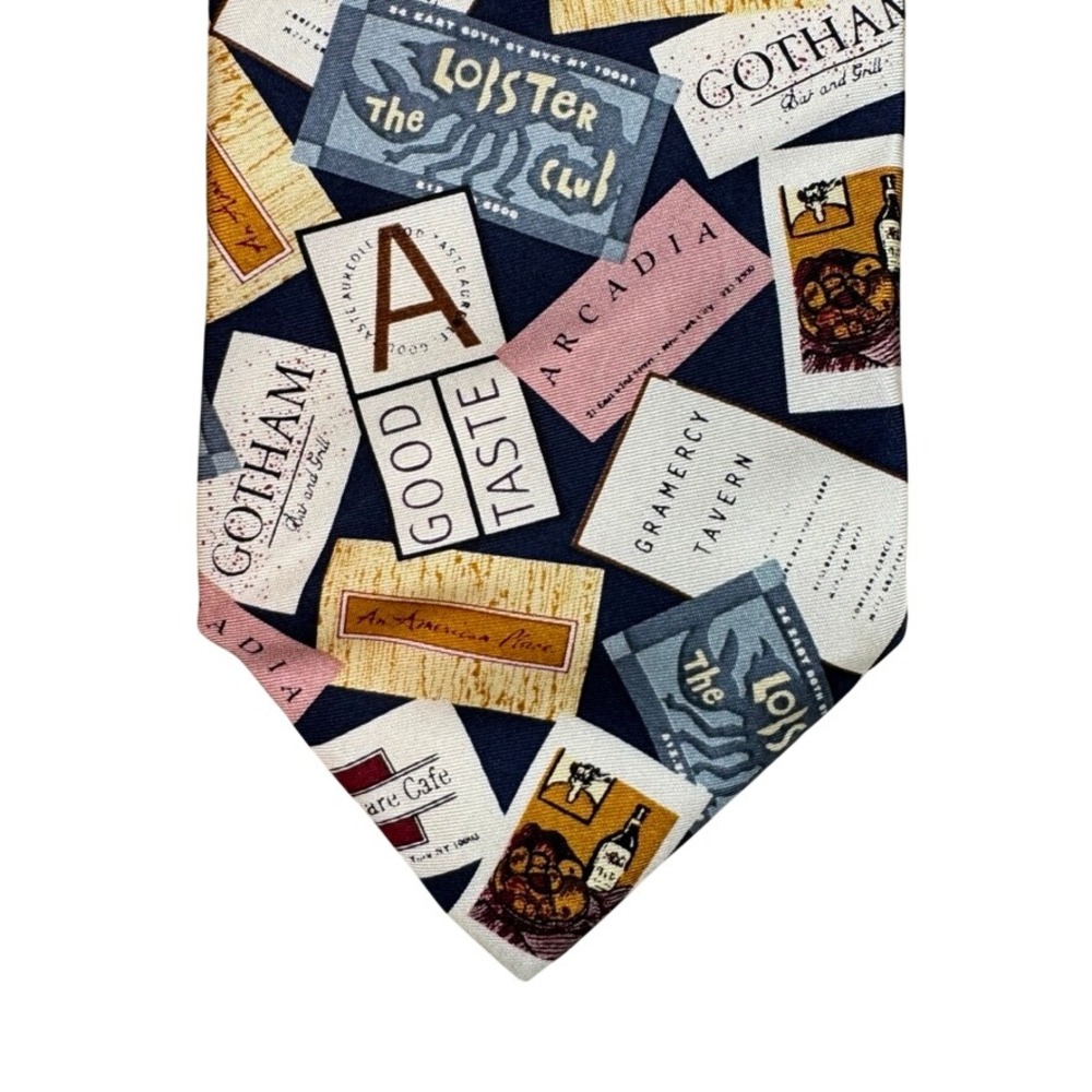 Echo Silk Tie Mens Navy Blue NYC Restaurant Business Card Novelty Print 57x3.75